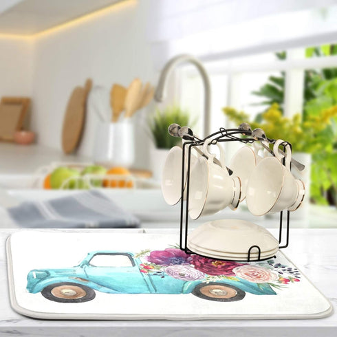 ALAZA Blue Trolley Truck Purple Rose Flower Dish Drying Mat for Kitchen Ccounter Absorbent Microfiber Small Drying Pad Dish mats for Kitchen Count...