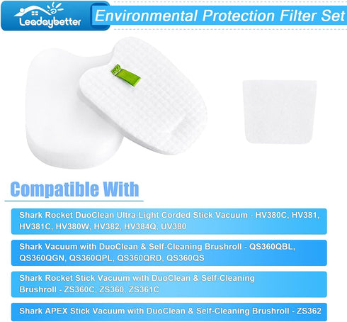 Leadaybetter Filter Replacement for Shark Rocket DuoClean HV380 HV380C HV380W HV381 HV381C HV382 HV384Q UV380 ZS360 ZS360C ZS361C ZS362 Vacuum, Re...