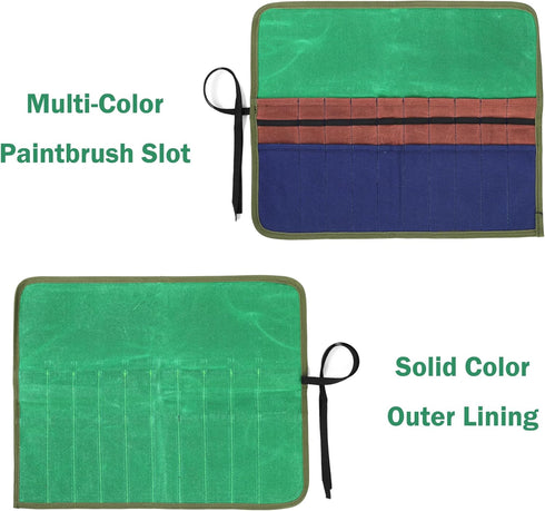 Paint Brush Roll Up Case, Heavy Duty 16oz Waxed Canvas Paintbrush Holder, 20 Pockets & Tie Rope Pencil Storage Roll - 17" W x 13" L - Green...