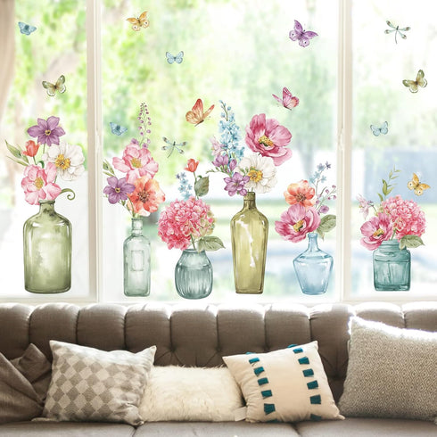 wondever Spring Flowers Window Clings Floral in Jars Butterflies Glass Sticker Decal Anti Collision Double-Side Static Window Decals for Home Glas...