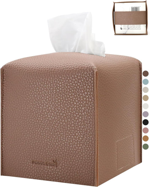 Tissue Box Cover 5X5X5'' PU Leather Tissue Holder Square Tissue Cube Box Organizer for Bathroom Vanity Countertop, Car, Night Stands, Office, Home...
