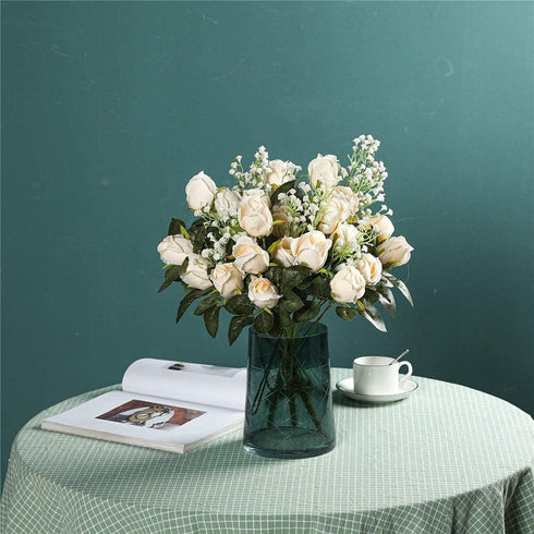 Hawesome 3 Bunches Artificial Flowers Silk Roses Buds Realistic Bouquet Arrangement for Decoration Wedding Party Centerpieces (Champagne)...