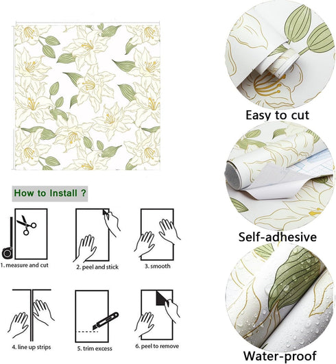 16.1"x78.7" White and Green Peel and Stick Wallpaper Boho Floral Contact Paper Removable Wallpaper Self-Adhesive Wallpaper Decorative Wall Cabinet...