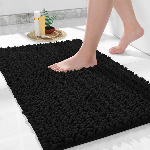Yimobra Bathroom Rugs Non Slip Washable 32x20 Inch - Ultra Soft Absorbent Chenille Bath Mat, Quick Dry Shaggy Floor Carpet for Tub Shower, Black H...