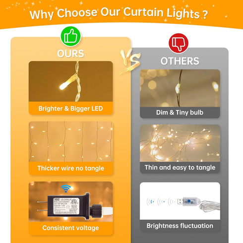 HEYFUNi 304 LED Curtain Lights Outdoor, 9.8Ft*9.8Ft Hanging String Lights Plug in with 8 Modes, Connectable Curtain Fairy Lights for Bedroom, Dorm...