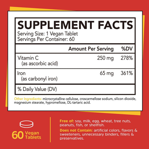 Iron Supplement, 65 mg, Carbonyl Iron Plus Vitamin C, Energy & Blood Support for Women & Men, Better Absorption, Gentle on The Stomach, No Nausea,...