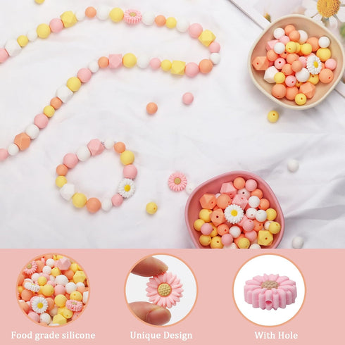 100Pcs Daisy Silicone Beads with Elastic Rope Pink White Flowers Shape Silicone Loose Bead 4 Colors Round Hexagon Spacer Beads for DIY Crafts Jewe...