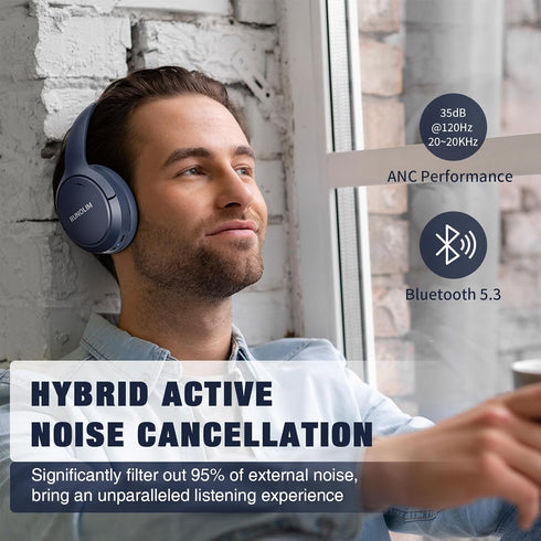 RUNOLIM Hybrid Active Noise Cancelling Headphones, 65H Playtime, Built-in Microphone, Bluetooth Wireless Over Ear Foldable Headphones with HiFi Au...