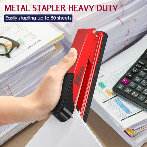 Metal Stapler Heavy Duty 50 Sheet Capacity with 1750 Staples and Staple Remover, Red Stapler Full Strip Staplers for Desk, No Jam, Non-slip Office...