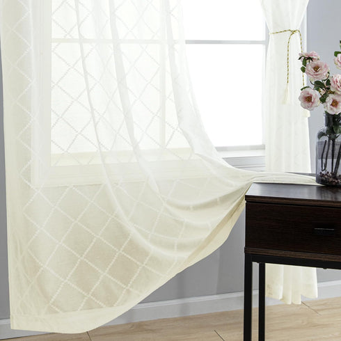 KOUFALL Quatrefoil Sheer Curtains 63 Inch Length for Living Room Cream Beige Grommet Airy Semi Sheer Curtains Faux Linen Texture Light Filtering S...