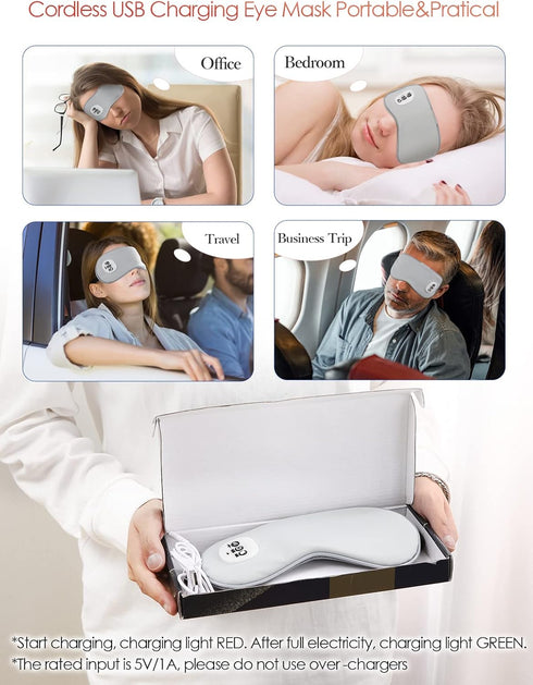 Cordless Heated Eye Massager with Cooling Eye Pad, Vibrating Heating Sleeping Mask for Men Women Kids -USB Charing Heated Eye Mask Electric for Dr...