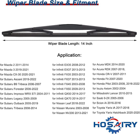 Rear Windshield Wiper Blade for Subaru Forester 06-22 Ascent 19-22 Impreza 04-11 Legacy 05-09 Outback 05-19 Tribeca 06-14, for Honda CRV 07-11 Fit...