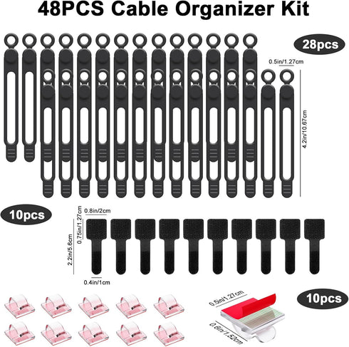 48Pcs Cord Organizer Kit, Reusable Elastic Silicone Cable Ties, Strong Adhesive Cable Clips for Cable Management, Multipurpose Wire Management for...