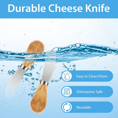 4 Pcs Cheese Spreader Set with Wooden Handle Mini Butter Knives Stainless Steel Cheese Slicer Small Cocktail Cutter for Charcuterie Boards Appetiz...
