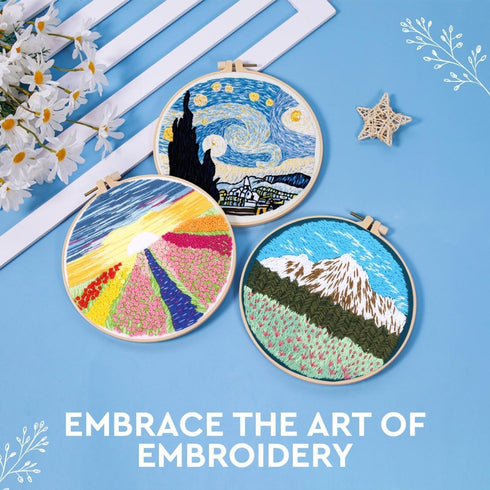 Fashhut Set of 3 Embroidery Kit for Adults with Patterns and Complete Instructions – Landscape Hand Embroidery Kits with 1 Embroidery Hoop, Needle...