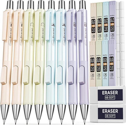 Nicpro 8PCS Pastel Mechanical Pencil 0.5 & 0.7 mm, Cute Fast Click Mechanical Pencils Set with 8 Tubes HB Lead Refills, Erasers for Drafting, Scho...