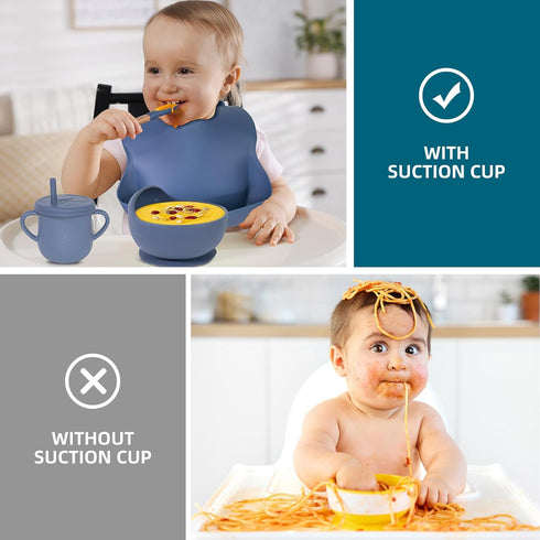 100% Silicone Baby Feeding Set,BPA Free Baby Dishes Set with Suction Bowl Divided Plate,Toddler Self Feeding Dish Set with Spoons Forks Sippy Cup ...