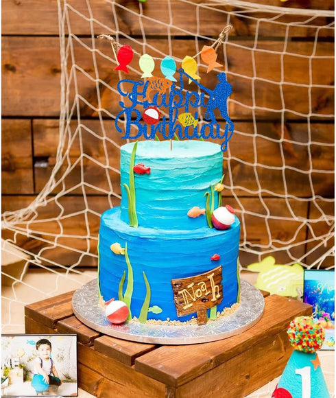 Glorymoment Fishing Cake Toppers Birthday, Glitter Blue Bobber Cake Topper, Fisherman Cake Topper Birthday Fishing Themed Party Cake Decoration Su...