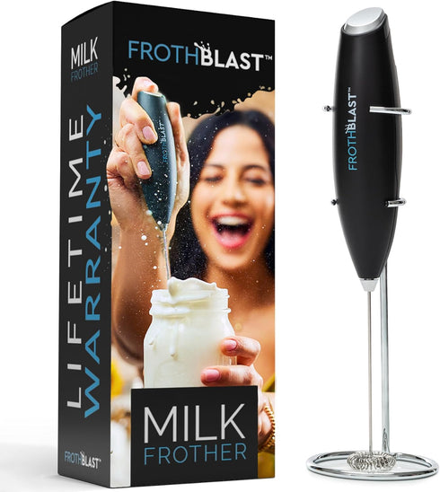 FrothBlast™ Milk Frother Handheld for Coffee {Foam Maker} Electric Whisk Drink Mixer for Lattes, Cappuccino, Frappe, Matcha, Hot Chocolate (Black)