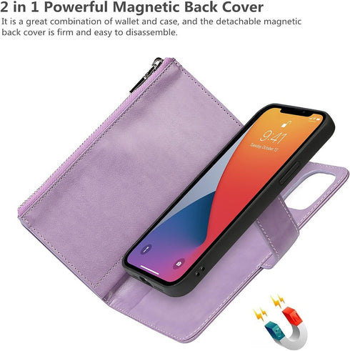 iCoverCase Compatible with iPhone 13 Pro Wallet Phone Case with Card Holder, PU Leather Zipper Pocket Magnetic Detachable Flip Case with Wrist Str...