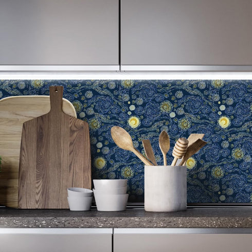 Modern Impressionist Art Peel and Stick Wallpaper, 17.71in X 118.1in Self Adhesive Removable WallPaper Abstract Starry Sky Contact Paper Waterproo...