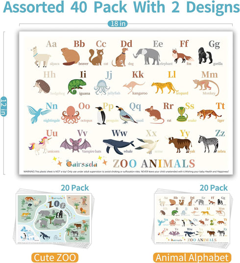Disposable Placemats for Baby,Artistic 40 Pack Stick on Placemats with 2 Designs:Cute Zoo and Alphabet ABC,Baby Toddler Placemats for Restaurant,T...