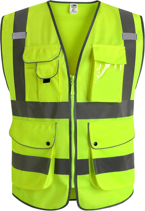 JKSafety 9 Pockets Class 2 High Visibility Zipper Front Safety Vest With Reflective Strips,Meets ANSI/ISEA Standard (Large, 150-Yellow)...