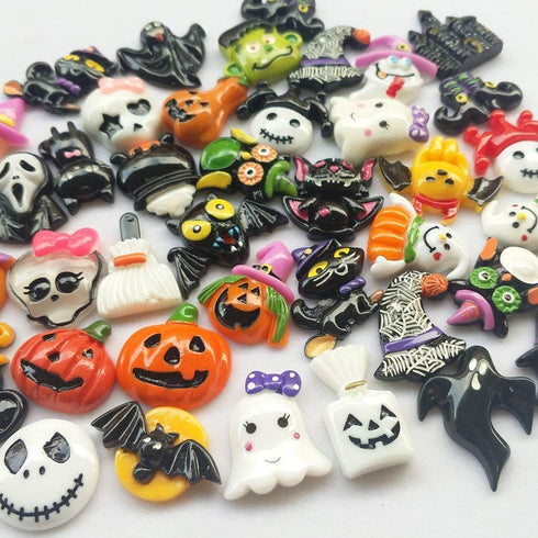 Chenkou Craft Random 50pcs Mix Lots Resin Flatback Flat Back Halloween Craft Embellishment Wizard Pumpkin Lantern Ghost Spider Skull Castle+Clear ...