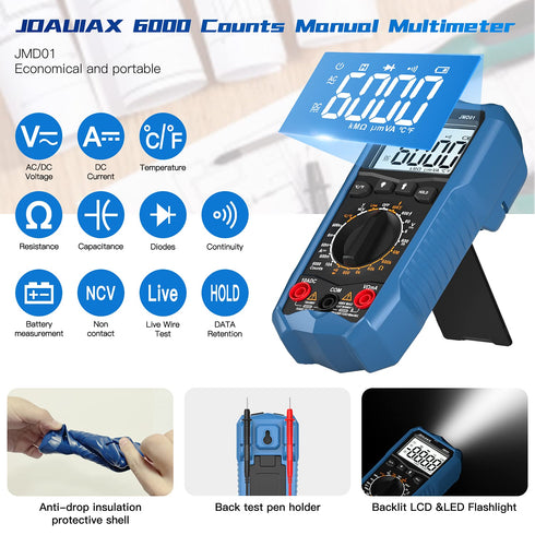 Digital Multimeter Tester,6000 Counts AC/DC Voltage&DC Current Multi Testers Voltmeter Measures Temperature/Resistance/Continuity/Diodes NCV/Date ...