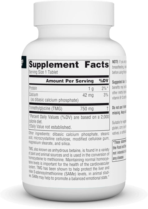 Source Naturals TMG 750mg Trimethylglycine (Anhydrous Betaine) - 60 Tablets...
