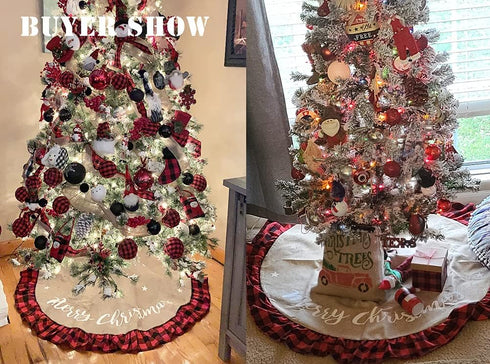 AISENO 48 Inch Christmas Tree Skirt Linen Burlap Buffalo Plaid Edge Decoration for Merry Christmas Party Red and Black Buffalo Christmas Tree Skir...