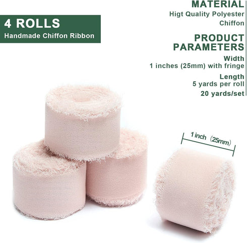 4 Rolls Blush Pink Handmade Fringe Chiffon Silk Ribbon 1"W x 5Yd Per Roll,Frayed Edges Ribbon Set for Gifts Wrapping,Wedding Invitations,Bouquets,...