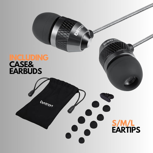 Betron B25 Earphones, Noise Isolating in-Ear Wired Headphones with Strong Bass, Tangle-Free Cord, Lightweight, Carry Case and Soft Earbud Tips (Bl...