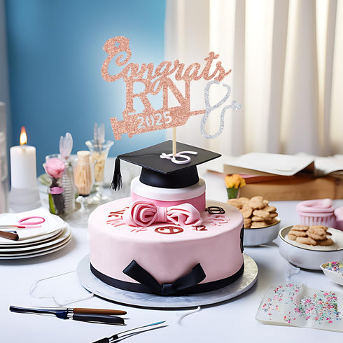 Rose Gold Glitter Congrats RN 2025 Cake Topper - 2025 Graduation Party Decoration, 2025 Nurse Congrats Grad Photo Prop...