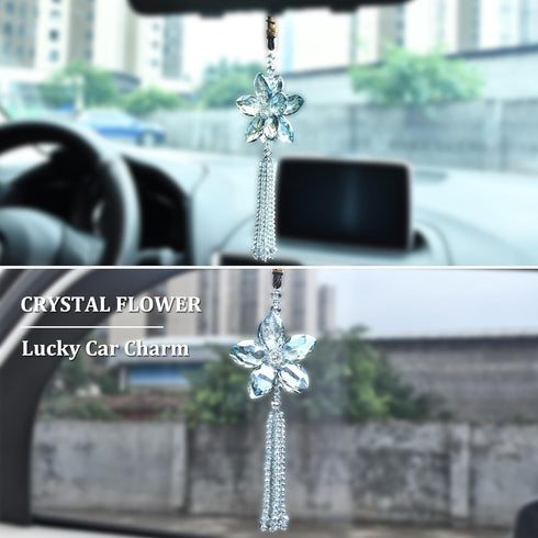 AuMoHall Crystal Flower Car Rear View Mirror Pendant Car Hanging Ornament Lucky Car Charm with Dangle Beads, Blue...