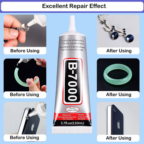 B7000 Adhesive Rhinestones Glue for Crafts, 2PCS 110ml / 3.7 fl oz B7000 Clear Glue with 5 Dotting Pen Tool, Wax Pencil and Tweezer, Jewelry Glue ...