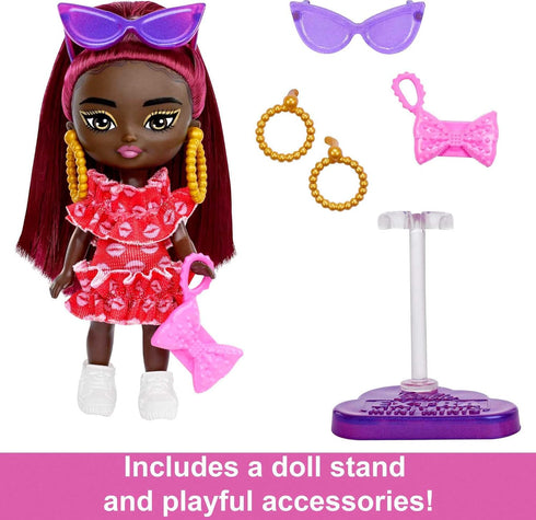 Barbie Extra Mini Minis Doll with Burgundy Hair, Red Ruffle Dress, Sunglasses & Accessories & Stand, 3.25-inch...