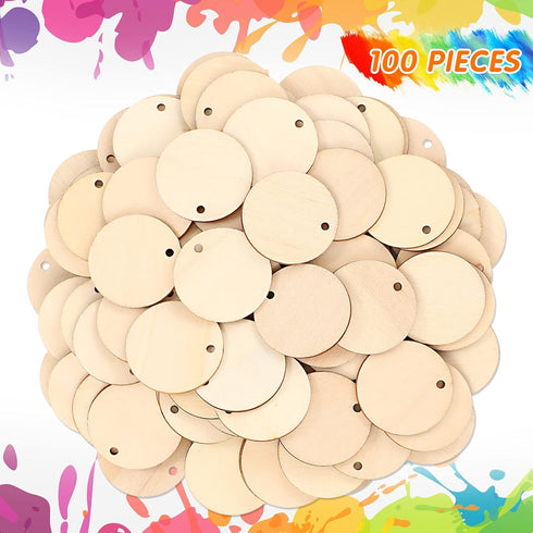 100 Pieces Unfinished Round Wooden Circles with Holes Round Wood Discs for Crafts Blank Natural Wood Circle Cutouts for DIY Crafts Party Birthday ...