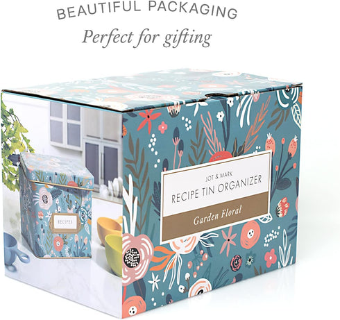 Jot & Mark Decorative Recipe Tin Box for Recipe Cards, Greeting Card Holder | Holds Hundreds of 4” x 6” Cards...