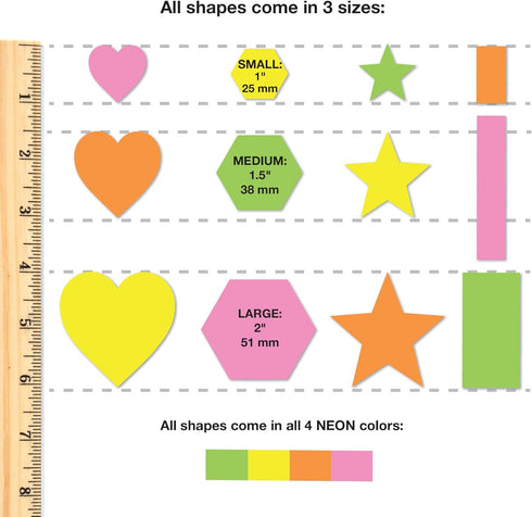 Basic Shapes 2: Hearts, Stars, Hexagons, Rectangles, 696 Pieces US Made Card Stock Punch Out Geometric Shapes in 3 Sizes and 4 NEON Colors for Mat...