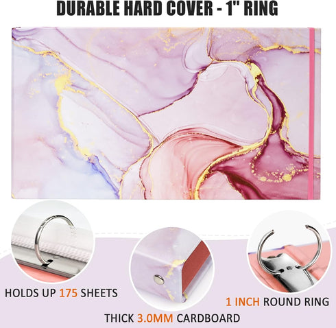 Legal-Size Binder, for 8.5 x 14 paper, 3 Ring Binder 1 Inch, Landscape Spreadsheet Binder with Elastic Cord, Pink Marble...