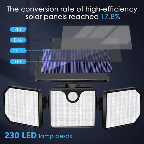 Solar Wall Lights Outdoor,3 Adjustable Head 270° Wide Angle Lighting,Motion Sensor,230 LED 260Lm Flood Lights,IP65 Waterproof for Porch Yard Garag...