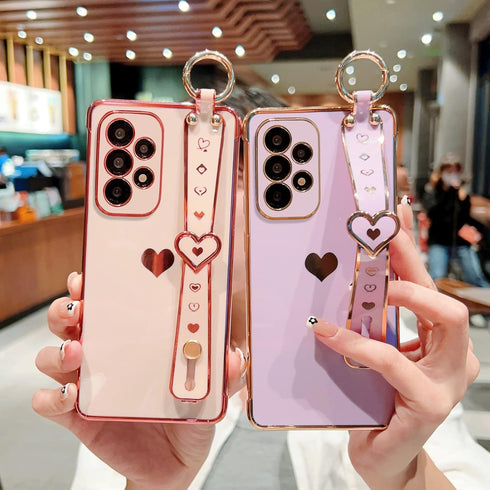 Case for Samsung Galaxy A52 Women Girl,Luxury Bling Cute Plating Hearts Soft Cover with Strap Kickstand,Full Camera Lens Protection Electroplate R...