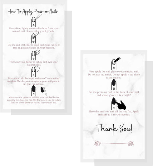 Press-On Nail Application Instructions Cards | 50 Pack | 2x3.5" inch Business Card Size | DIY Press-On Nail Kit | Marble with Rosey Gold Design...