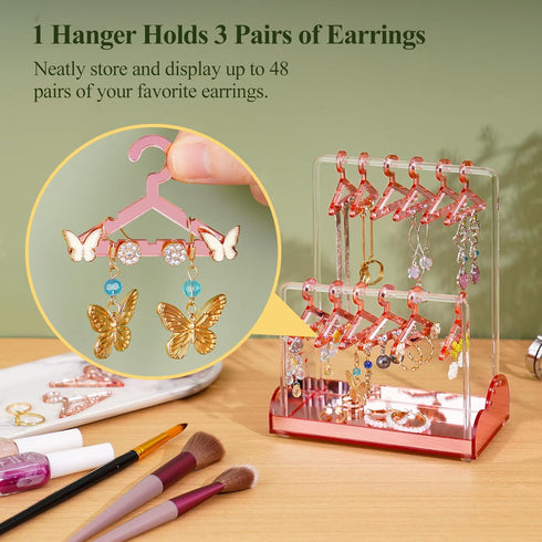 NiHome Acrylic Earring Holder Stand with Organizer Tray for Home, Store, Exhibition - Mirror-Finish 2-Tiered Display with 16 Mini Hangers for Tang...