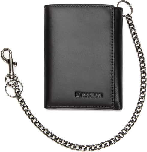 Mens Wallet with Chain, Genuine Leather Trifold Wallet RFID Blocking Anti-Theft Chain for Biker, Motorcycle(Black)...