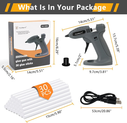 MULWARK Cordless Hot Melt Glue Gun, Rechargeable Fast Preheating Mini Glue Gun Kit with 30 Pc Premium Glue Sticks and Nozzle Cap, Wireless Hot Glu...