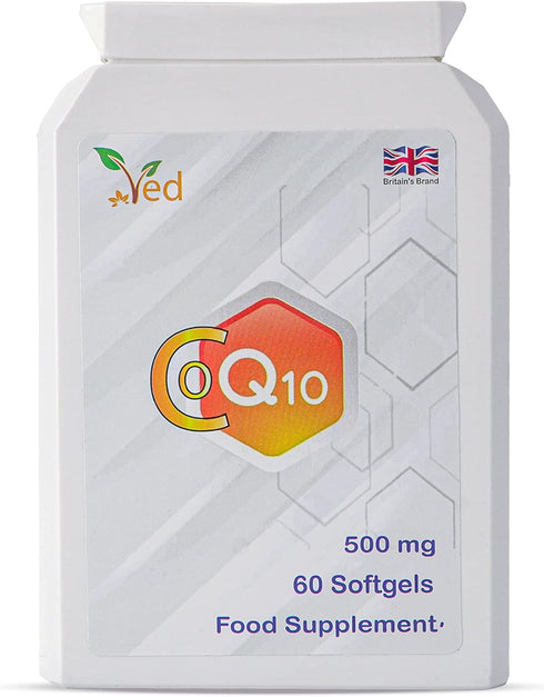 VED CoQ10 500mg | Co Enzyme Q10 | Highest Strength | Naturally Fermented Ubiquinone Coenzyme | Superior Natural Formula | 500mg 60 Softgels| 2 Mon...