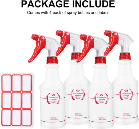 Plastic Spray Bottle (4 Pack, 16 Oz, All-Purpose) Heavy Duty Spraying Bottles Leak Proof Mist Empty Water Bottle for Cleaning Solution Planting Pe...