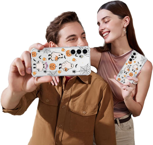 Halloween Case for Samsung Galaxy S24 Pumpkin, Ghost Cat Designed Soft Slim Fit TPU Anti-Scratch Shockproof Protective Mobile Cover Clear Phone Ca...